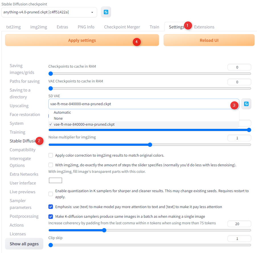 ［Settings］タブ（①）→［Stable Diffusion］（②）→［SD VAE］プルダウンリストを［vae-ft-mse-840000-ema-pruned］に（③）→［Apply Settings］ボタンをクリック