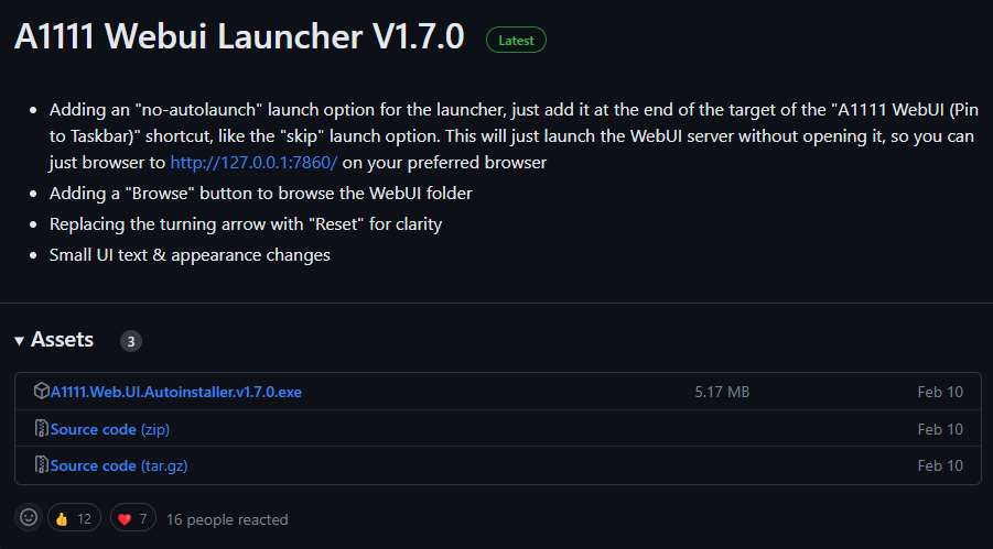 原稿執筆時点で最新の「A1111.Webui.Launcher.V1.7.0.exe」をダウンロード