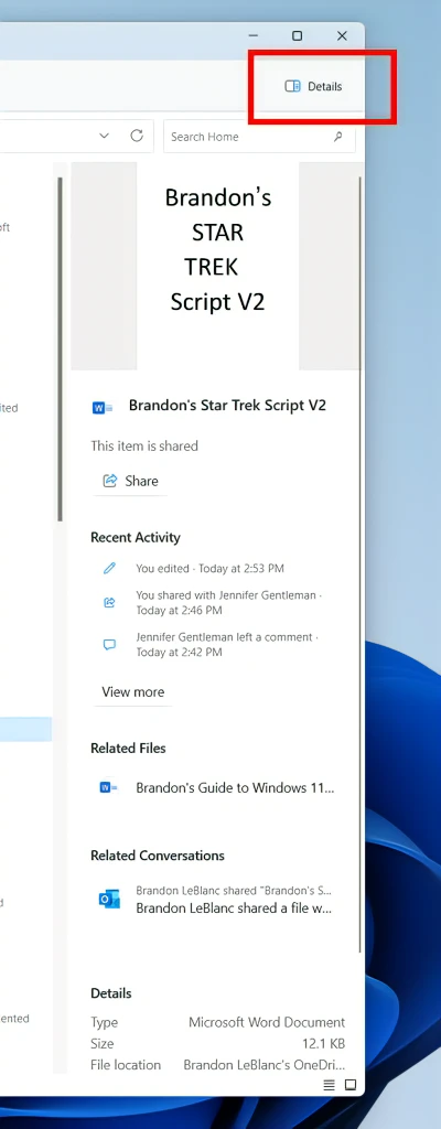 ファイルのサムネとともに、他のユーザーとの共有状況やアクティビティ、関連ファイル、添付されたメールなどが一覧される