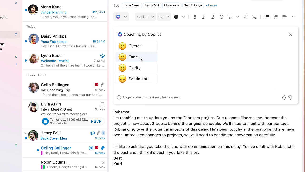 「Copilot」で文章の明快さ、感情、トーンをサジェスト
