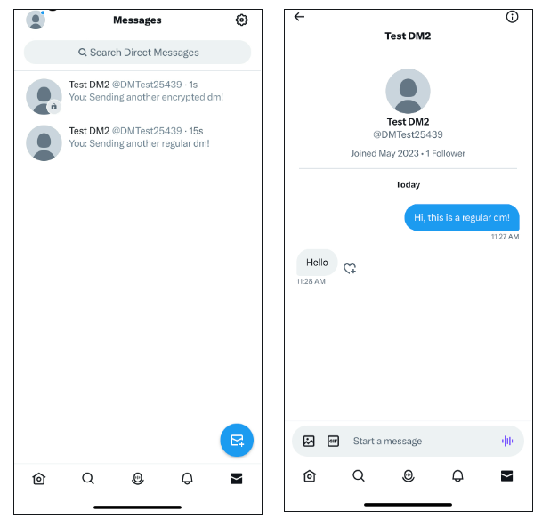 暗号化されたDMには鍵マークが付与される。メッセージに含められるのはテキストとリンクのみ。リアクションも加えられるが、画像などのコンテンツを添付することはできない