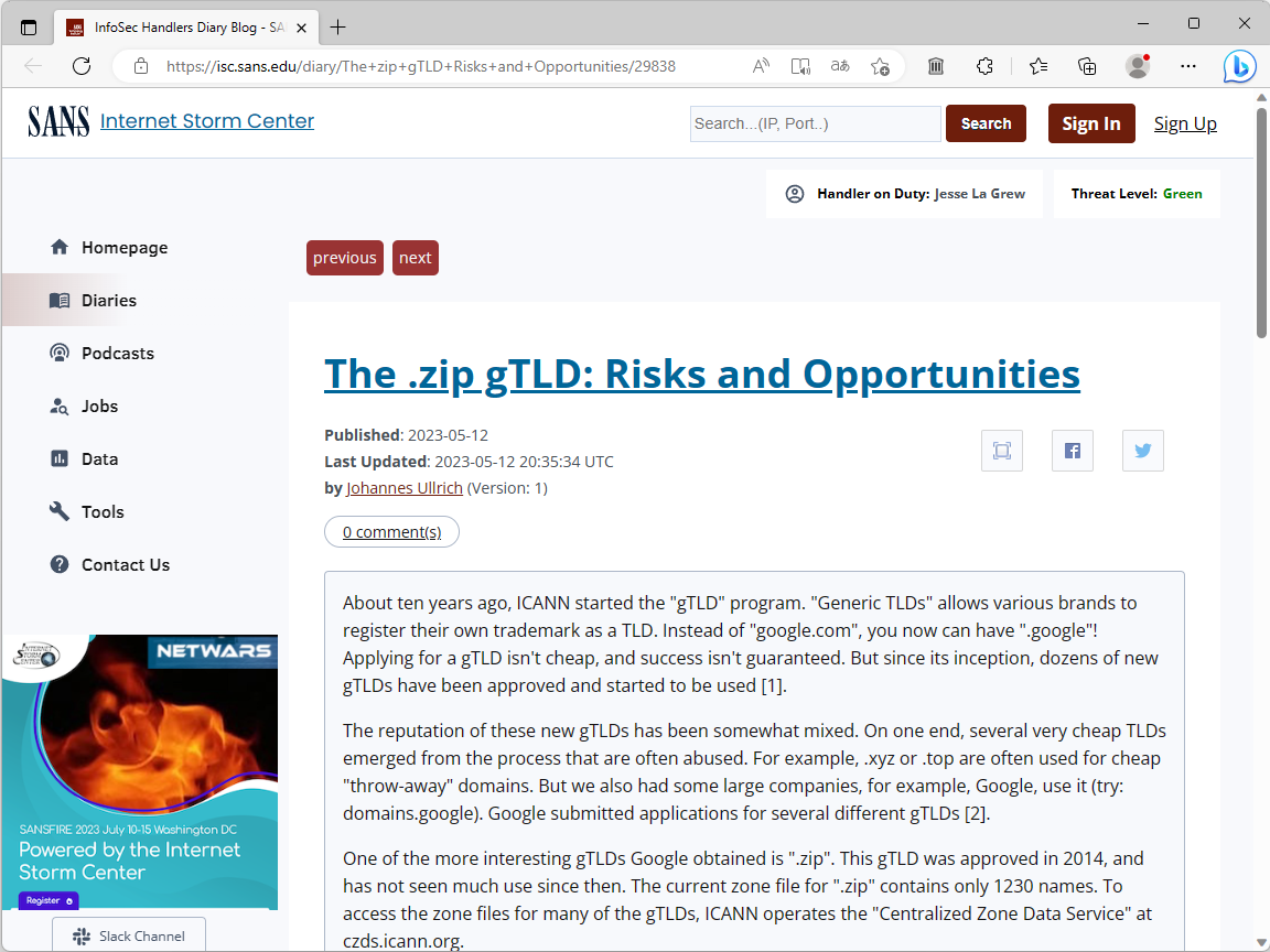 Johannes Ullrich氏のブログ