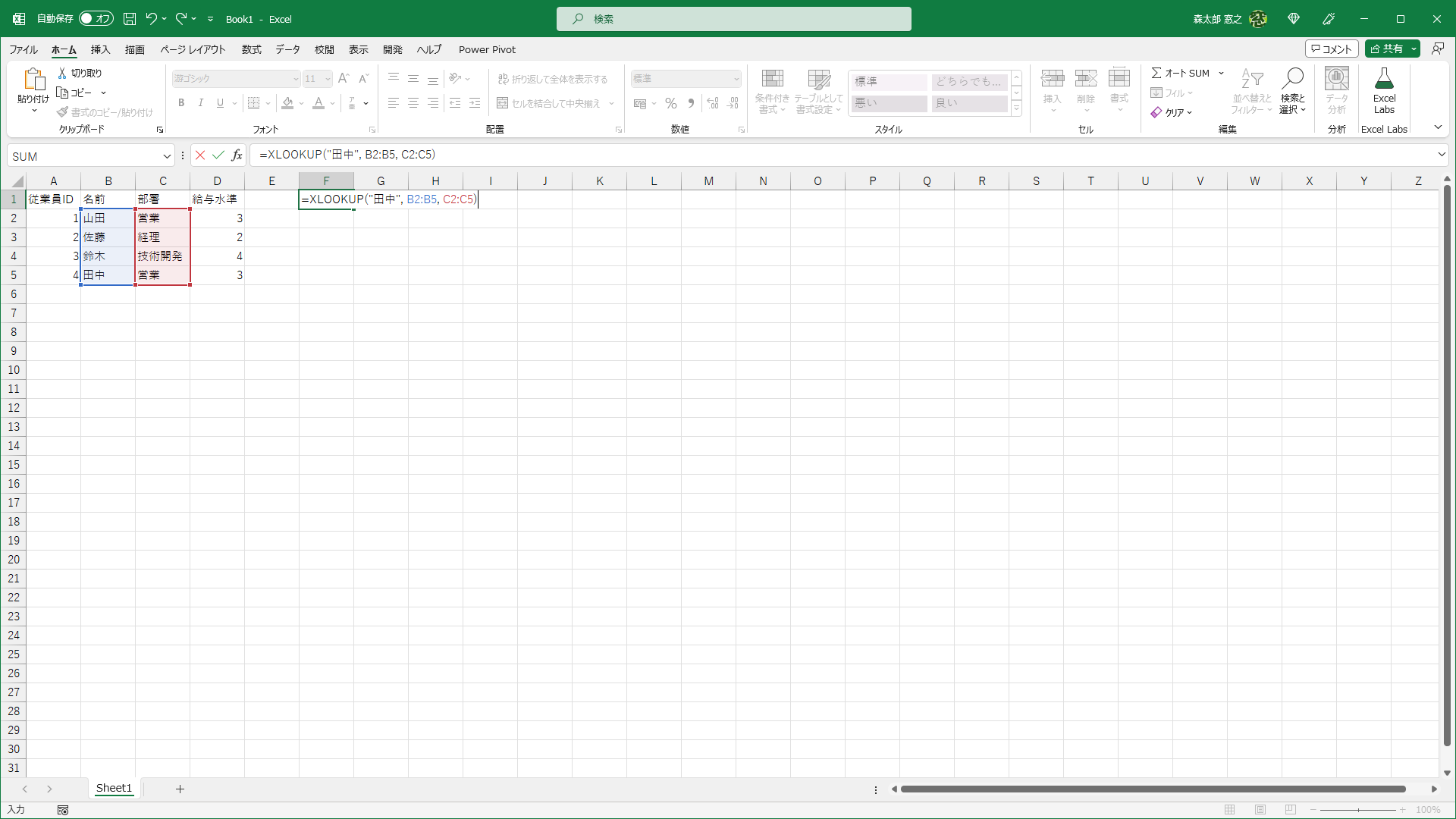 数式を貼り付けた状態です。引数の範囲が強調されています