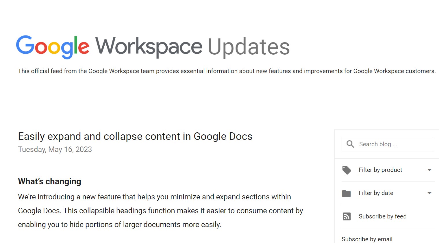 Googleが「Google ドキュメント」がセクションを折りたたみ可能に