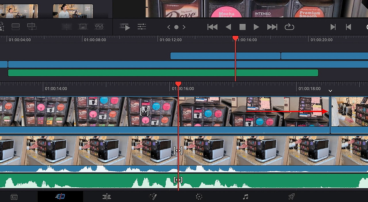 「シーン3：サブ4」の後ろを伸ばして次のカットへくっつけておく