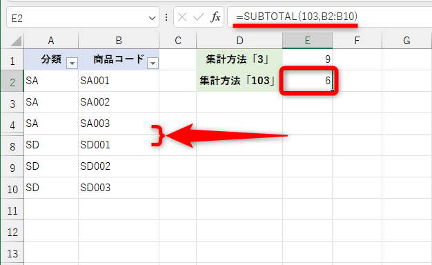 ここでは、5～7行目を手動で非表示にしている。引数［集計方法］を3桁で指定した場合、行番号を右クリックして［非表示］にした行も集計対象外となる