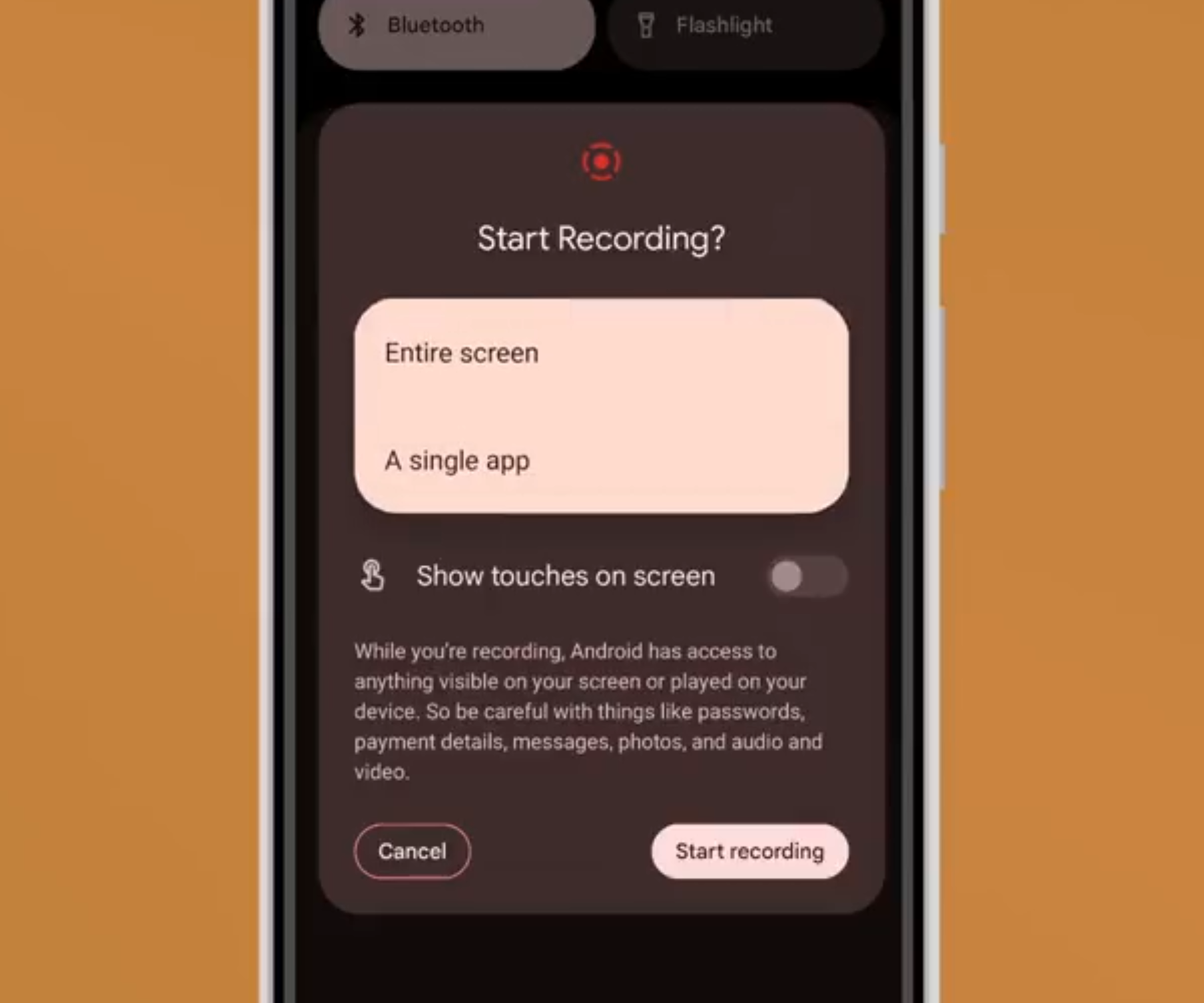 録画を開始する際に、対象をフルスクリーンにするか、単一のアプリにするかを選べる