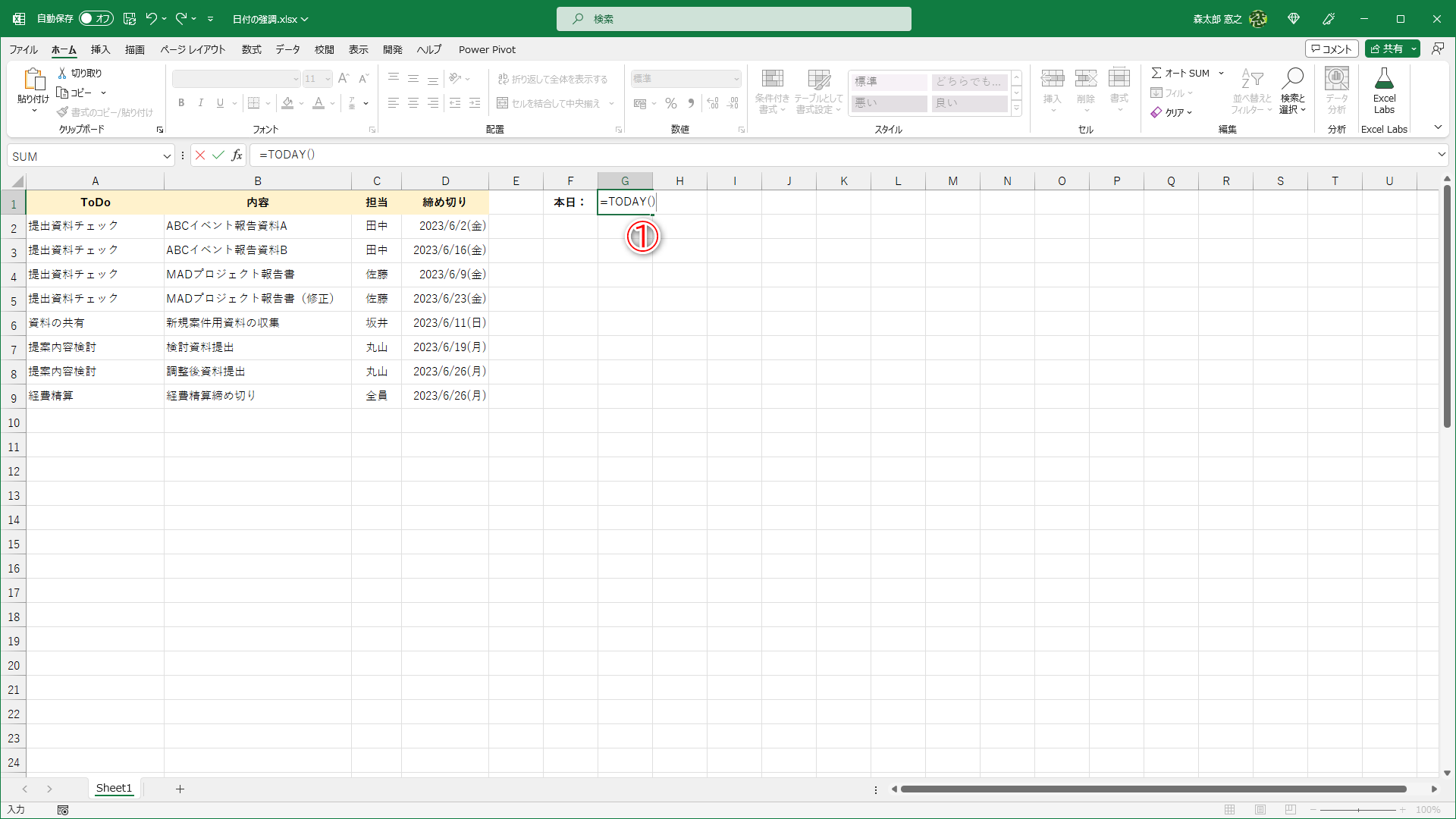 任意のセルに「=TODAY()」と入力します（①）