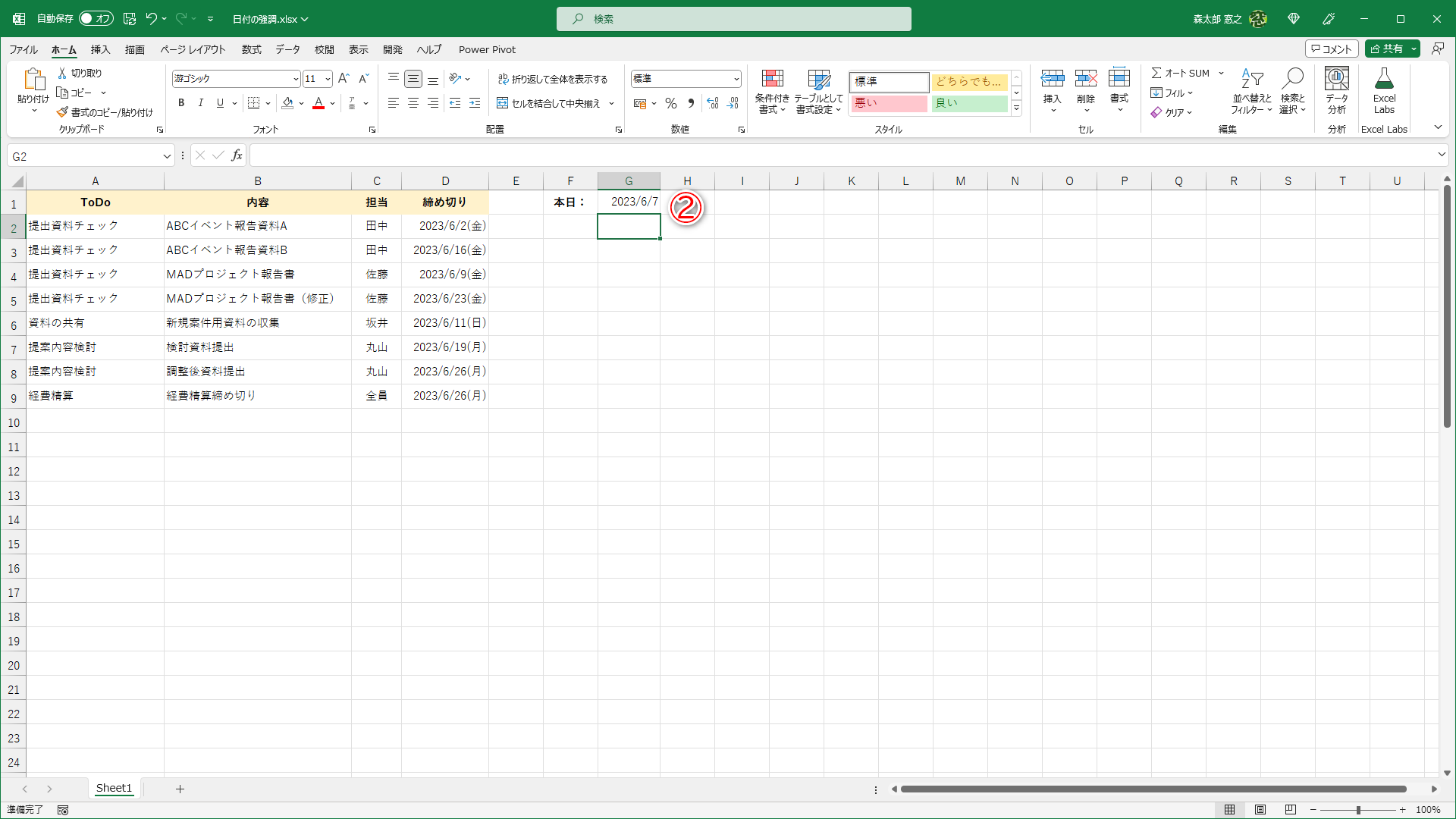 本日の日付が表示されました（②）。TODAY関数を入力したタイミングによって結果は異なります