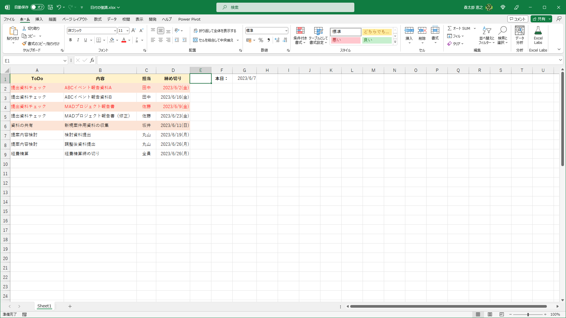 締め切り日と本日の日付を比較して、3日未満の項目が強調されました