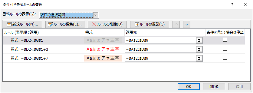 ［条件付き書式ルールの管理］ダイアログボックスは［ホーム］タブから［条件付き書式］－［ルールの管理］の順にクリックします。リストの上にあるルールが優先されます