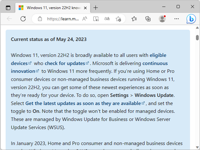 Windows 11のリリースヘルスダッシュボードにおける告知