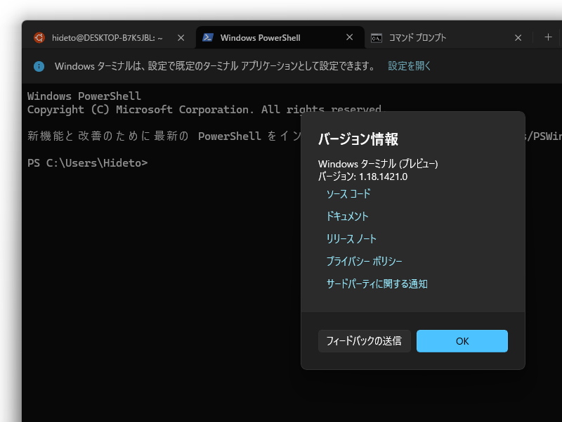 「Windows Terminal Preview」v1.18.1421.0