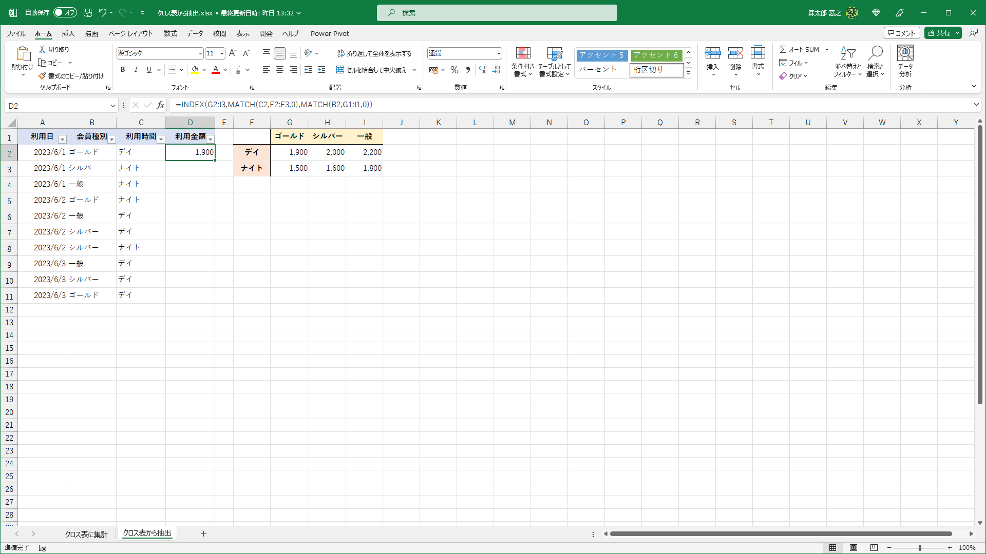 一覧表に入力されたデータに該当するデータをクロス表から取得できました