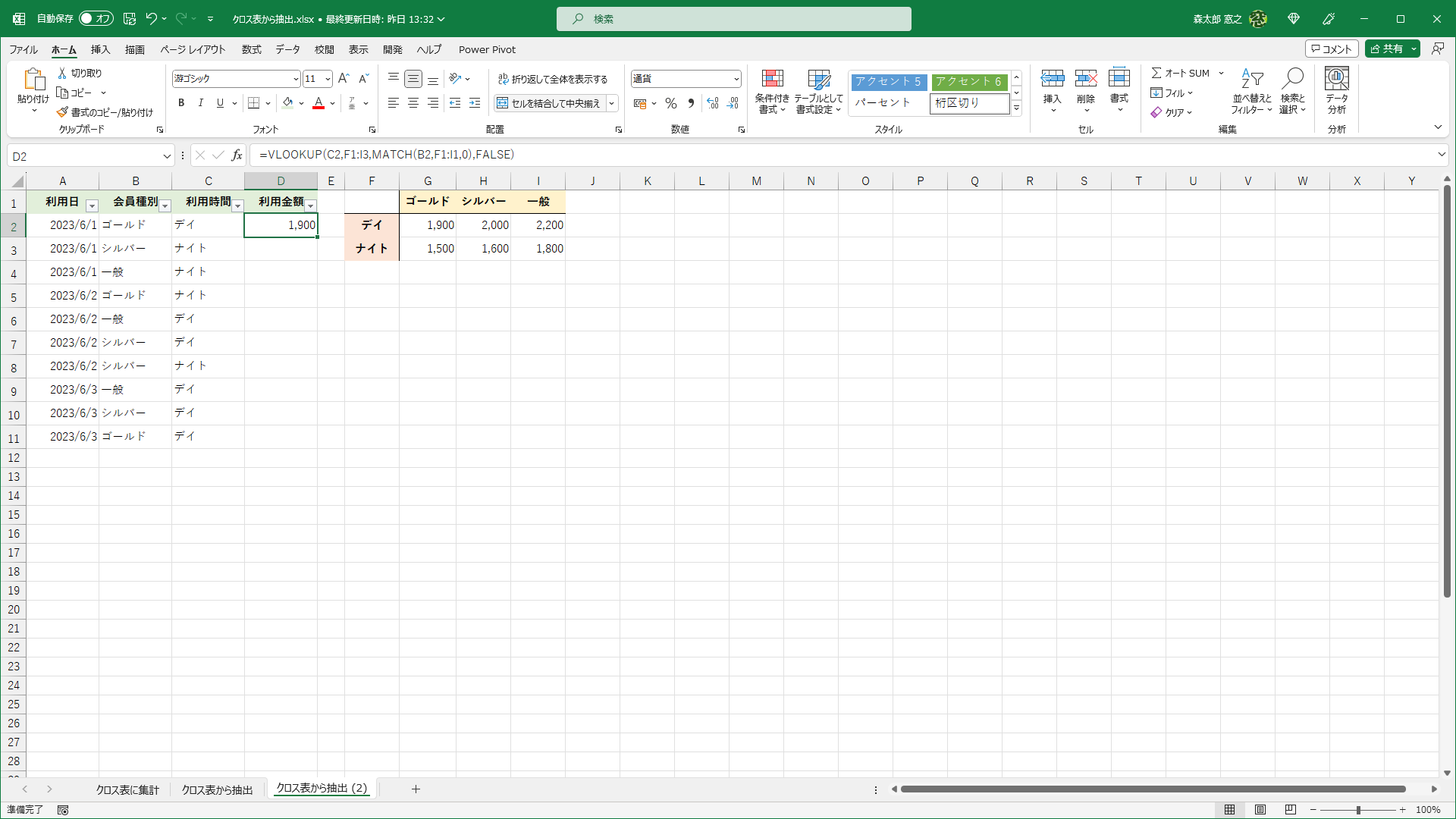 一覧表に入力されたデータに該当するデータをクロス表から取得できました