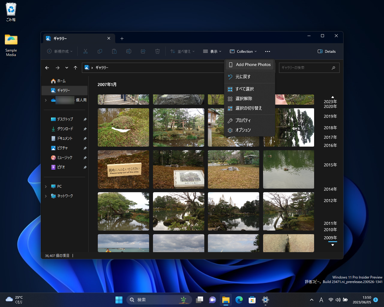 「エクスプローラー」の「ギャラリー」ビューと新設のコマンドボタン