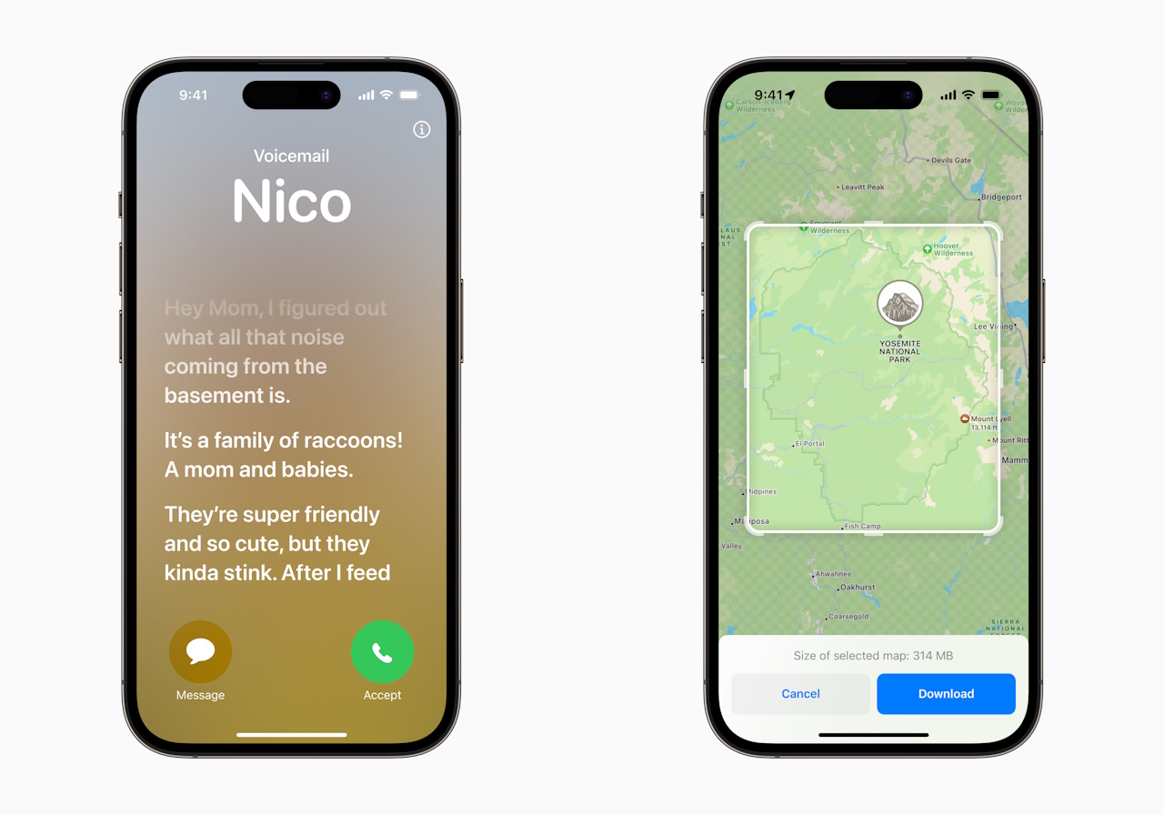 「ライブ留守番電話」（左）と「メッセージ」アプリの安否確認機能（右）