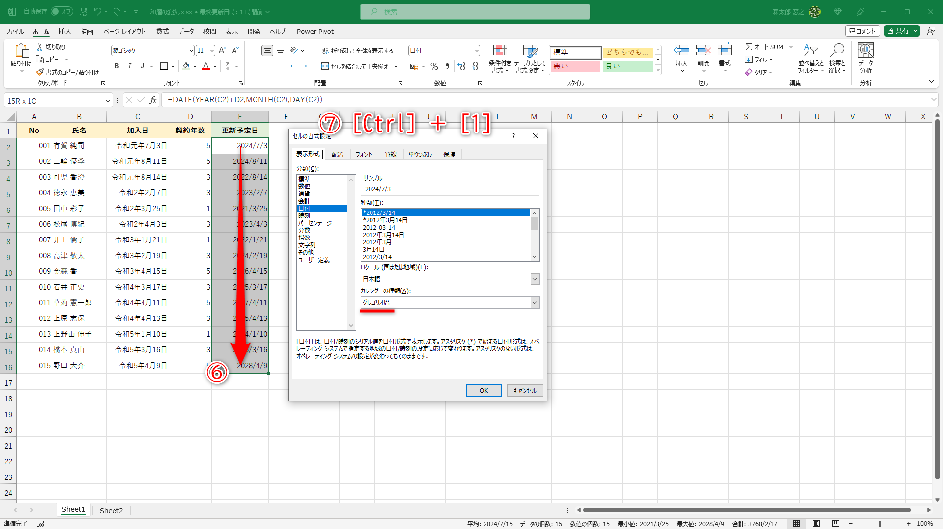 セルの表示形式を変更するセル範囲を選択しておきます（⑥）。［Ctrl］＋［1］キーを押して（⑦）［セルの書式設定］ダイアログボックスを表示します。［カレンダーの種類］が［グレゴリオ暦］になっています
