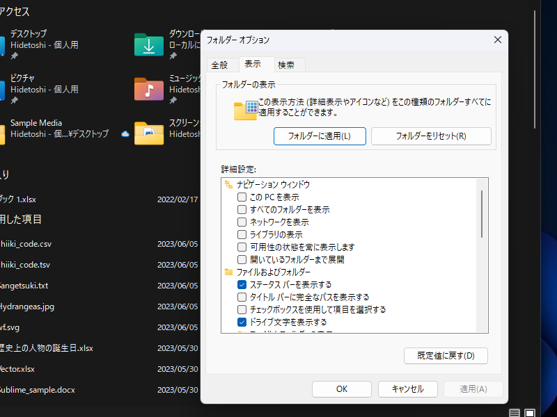 「エクスプローラー」のオプション（フォルダーオプション）