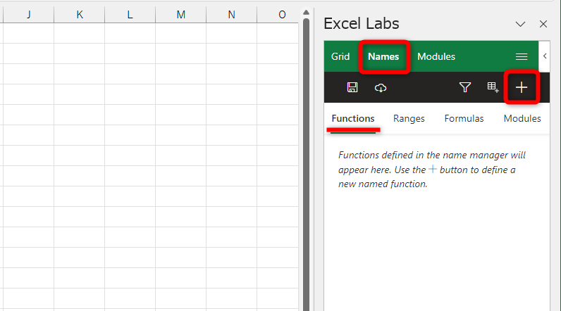 ［Names］タブに切り替えて［Function］を選択し、［＋］をクリックする