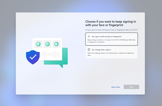 「顔または指紋でサインインを続けるかどうかを選択してください」という旨のメッセージが全画面表示される