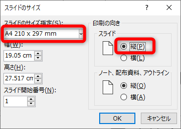［スライドのサイズ］ダイアログボックスが表示された。［スライドのサイズ指定］から［A4 210×297mm］を選択する。［印刷の向き］の［スライド］は［縦］を選択する