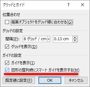 ［グリッドとガイド］ダイアログボックスが表示された。［描画オブジェクトをグリッド線に合わせる］のチェックを外す。オブジェクトを移動する際にグリッド線に吸着させたければONのままで構わない。［図形の整列時にスマートガイドを表示する］にチェックを付ける