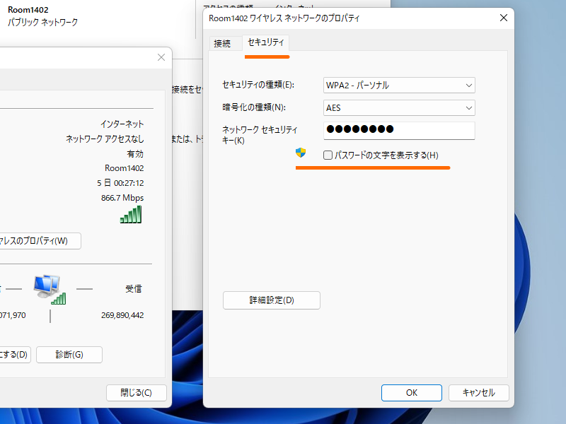［セキュリティ］タブへ切り替えて、［パスワードの文字を表示する］というチェックボックスをONに