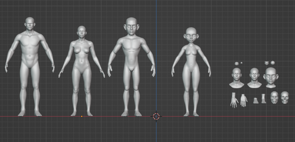 中には全身だけでなく、目玉や首などのパーツ単位のモデルも含まれている。<a href="https://www.blender.org/download/demo-files/#assets" class="n" target="_blank">公式サイトのデモページ</a>からダウンロード可能