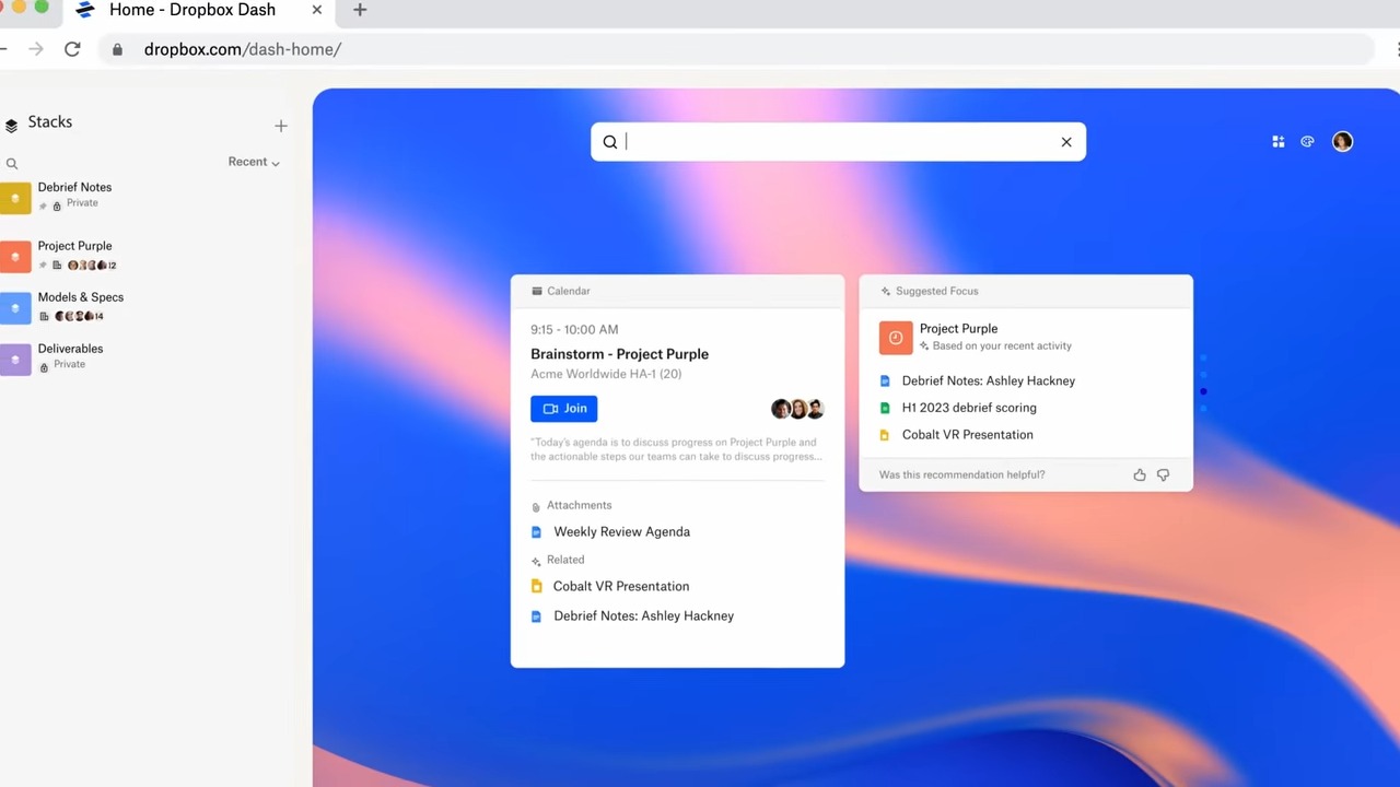 「Dropbox Dash」のダッシュボード