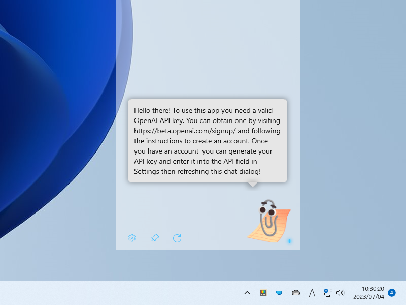 クリッパー君の脳みそは「GPT 3.5」相当。初回利用時にOpenAIのAPIキーを取得する必要がある