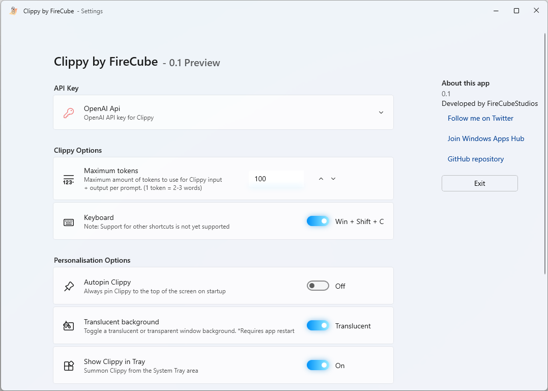 「Clippy by FireCube」の設定画面