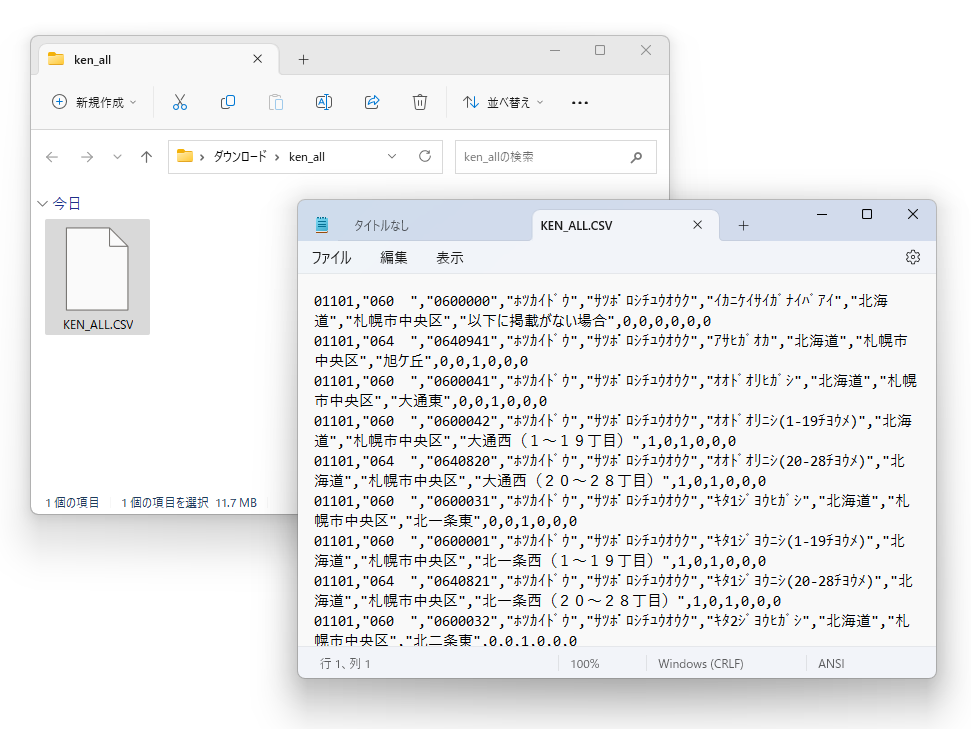 「KEN_ALL.CSV」として知られる日本郵便の郵便番号データ