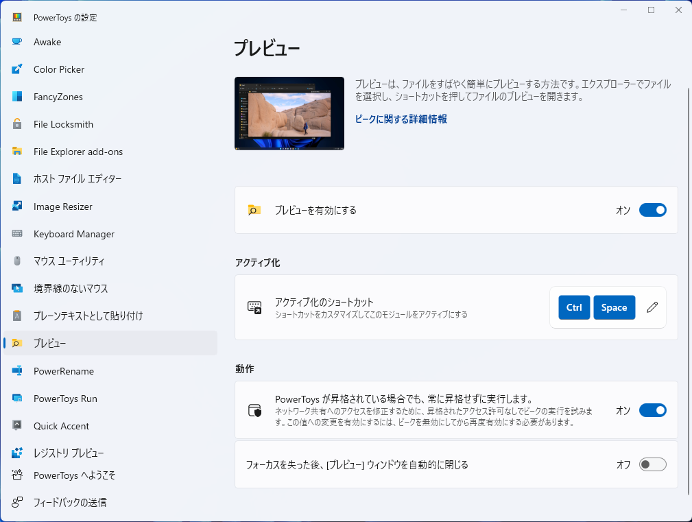 「プレビュー」の設定画面