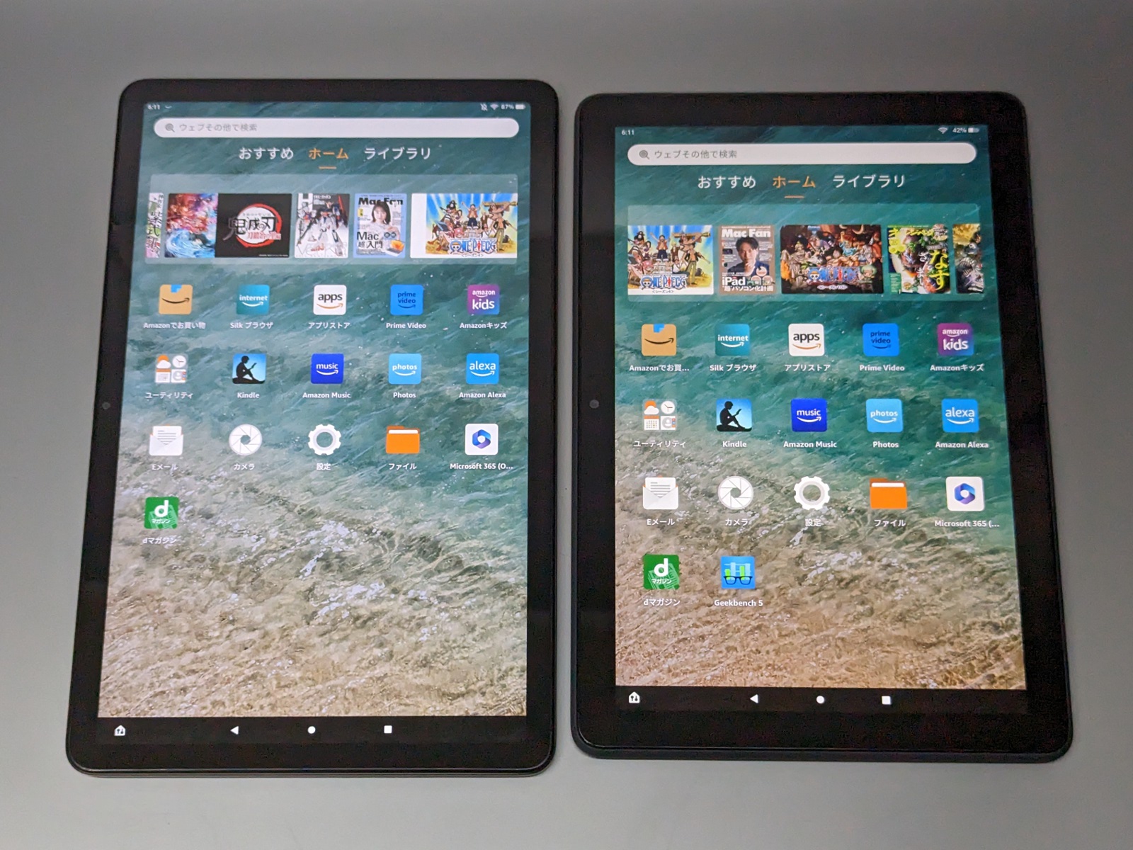 左が『Fire Max 11』（以下本製品）、右が『Fire HD 10 Plus』。実売価格は前者が34,980円（64GB）、後者が22,980円（32GB）