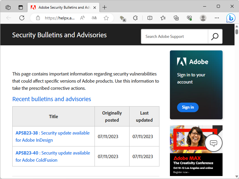 同社のセキュリティ情報ページ
