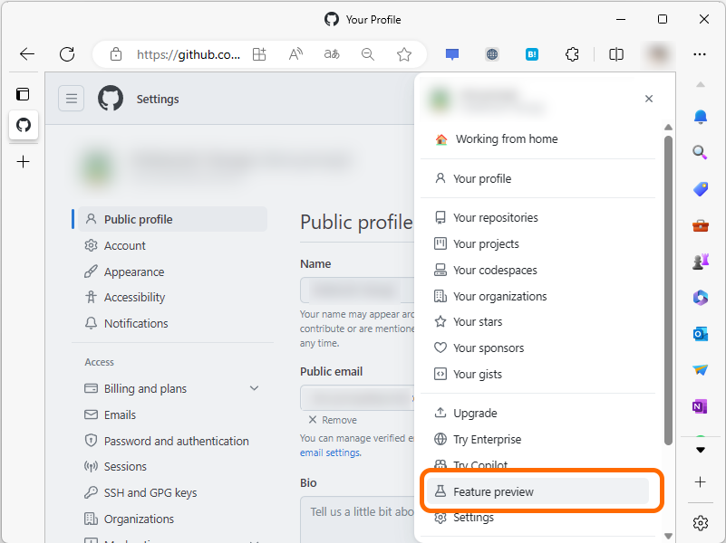 画面右上のプロフィールアイコンをクリックし、プレビュー機能の管理画面へ進む