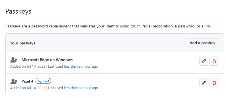 「GitHub.com」のアカウントと認証設定画面。同期されているキーには［Synced］というラベルが付与される