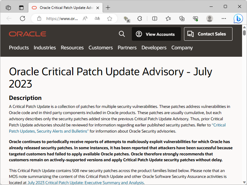 Oracle、2023年7月「Critical Patch Update」を実施