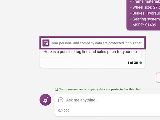 チャットの入力ボックスやチャット回答の上には「個人と会社のデータが保護される」という旨のメッセージが表示される