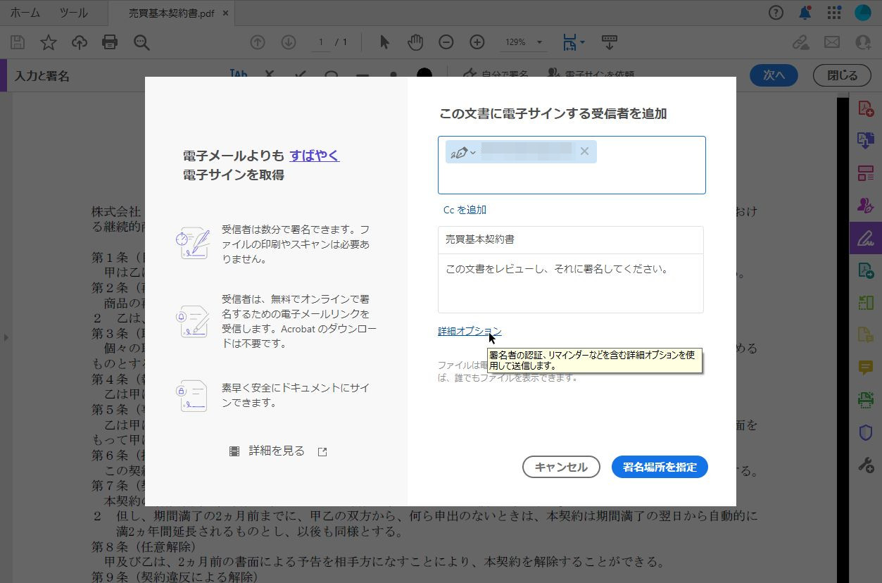 メールアドレスなどを入力して［詳細オプション］をクリック