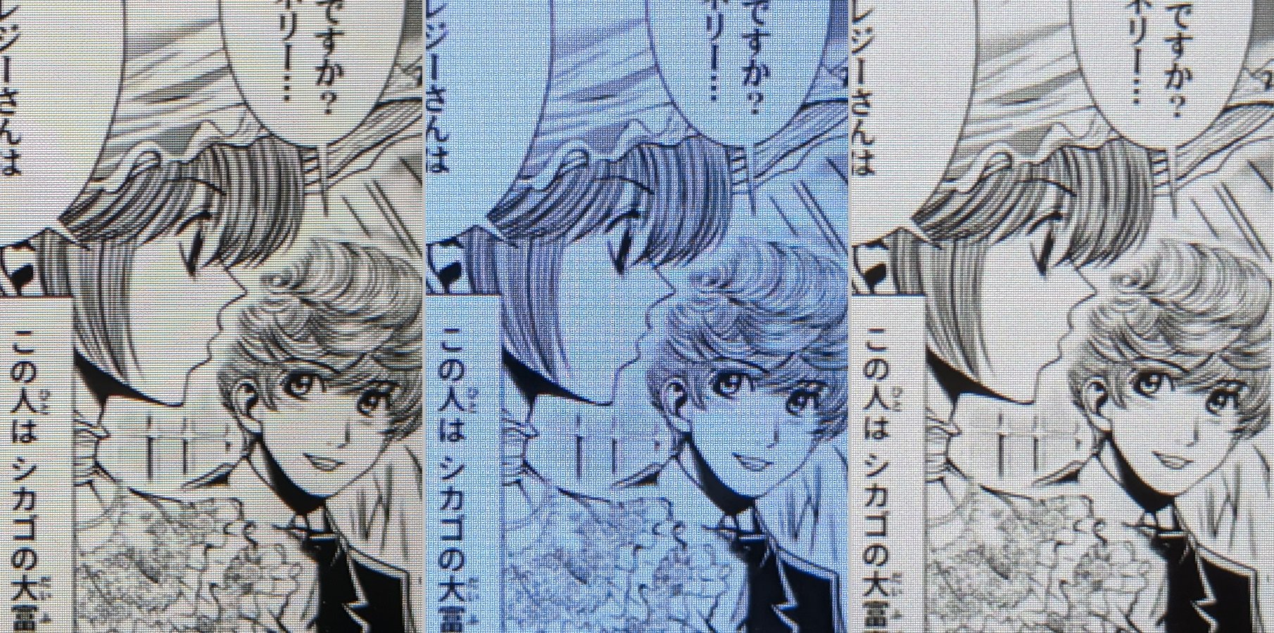 見開き状態での画質の比較。製品間に差はないが、単ページ表示と違って細部のディティールがつぶれたり、ルビが読めなくなっている