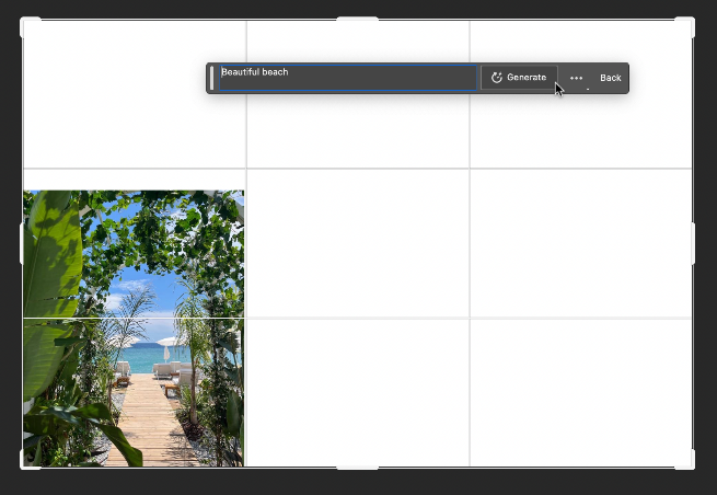 アートボードの拡張部分に作りたい画像のプロンプトを指定する。画像では「beautiful beach」と入力、コマンド実行後はビーチの画像が生成された