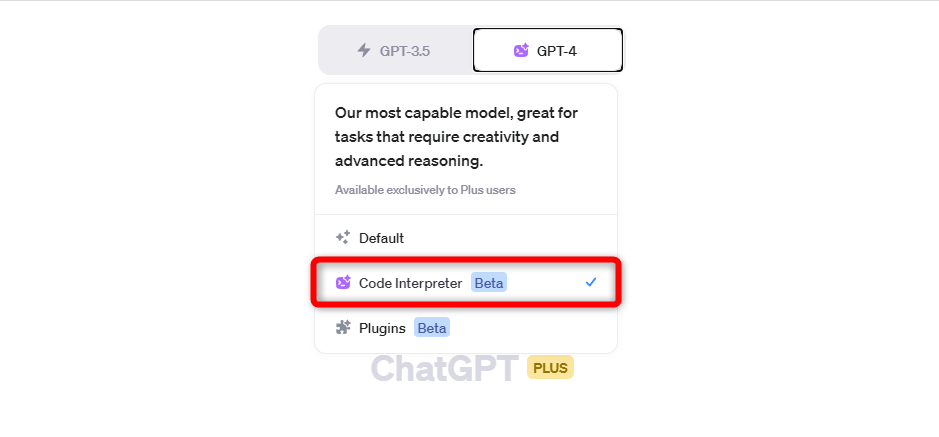 チャット開始時に［GPT-4］のメニューから［Code Interpreter］をクリックする
