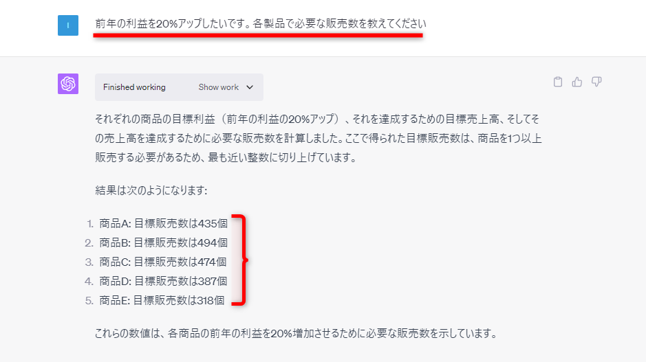 「前年の利益を20％アップしたいです。各製品で必要な販売数を教えてください」と指示したところ、すぐに回答が表示された