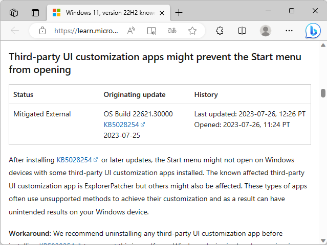 「Windows release health」におけるアナウンス