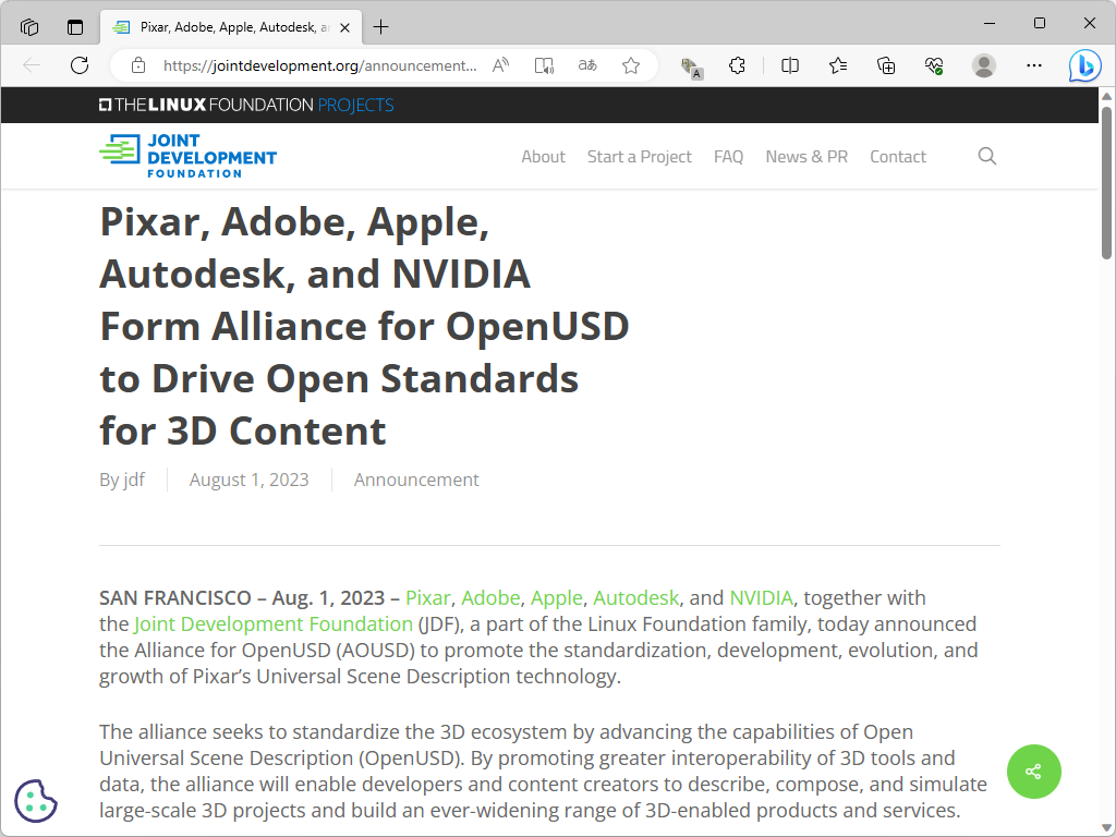 「OpenUSD」のオープン標準化団体「Alliance for OpenUSD」が設立