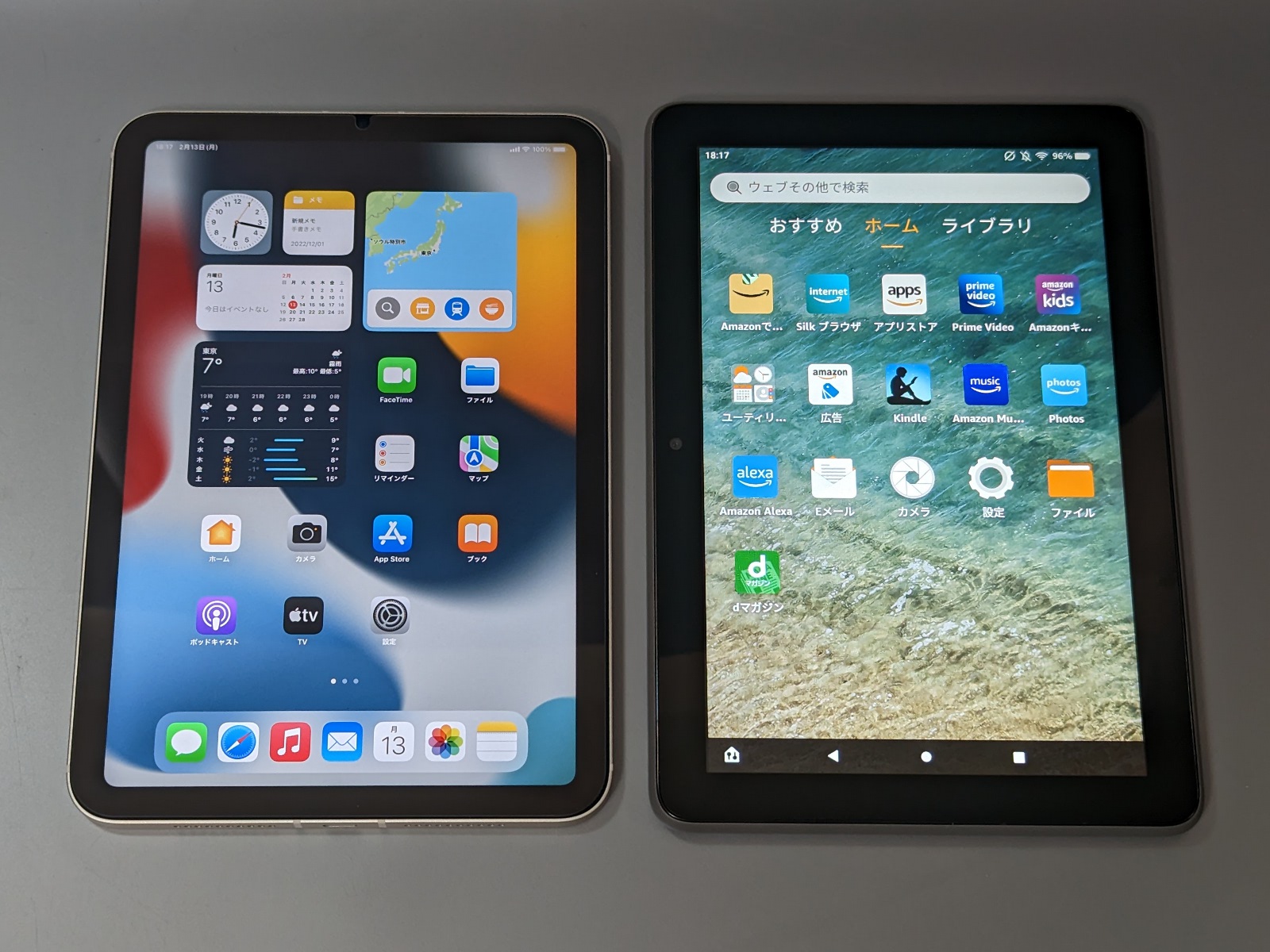 「iPad mini」（左）と、「Fire HD 8 Plus」（右）。価格差は約4倍ある