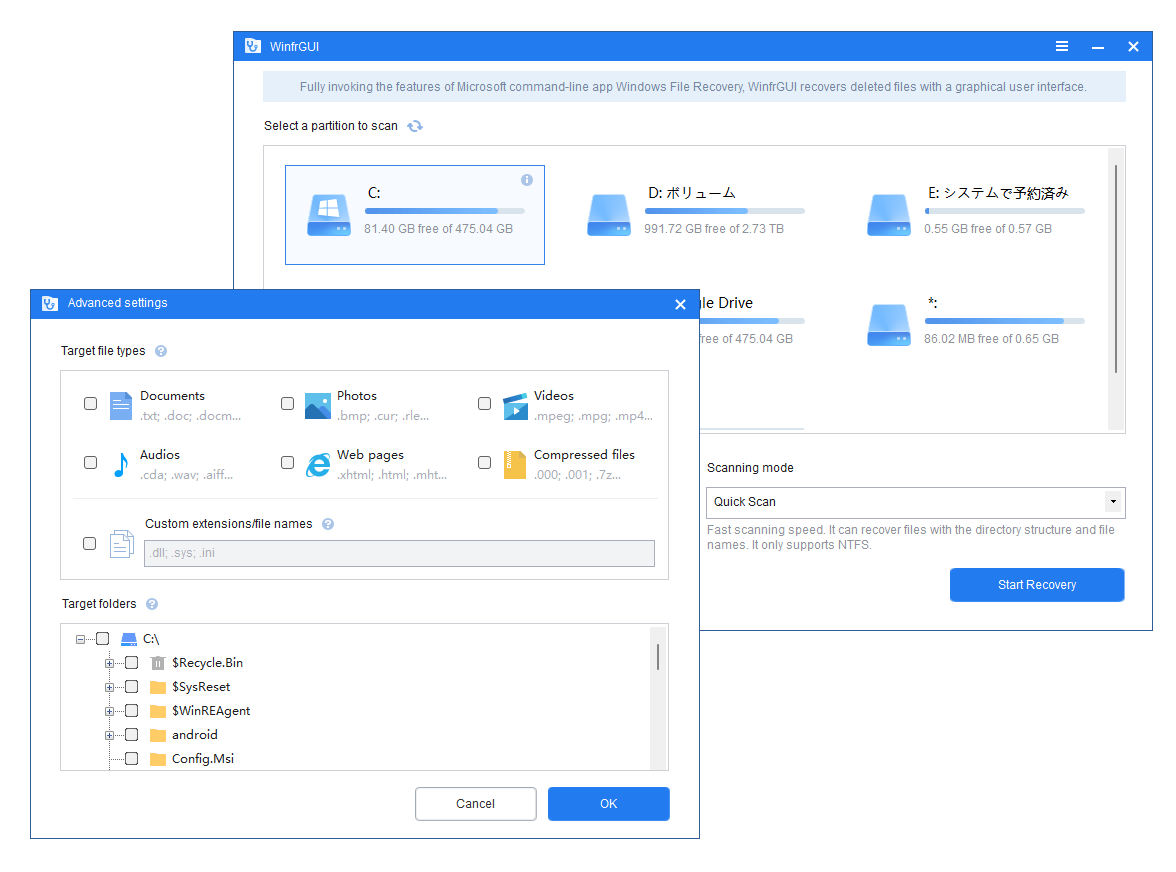 ［Advanced Settings］ダイアログ。スキャン対象にするファイルタイプやスキャン範囲を指定可能