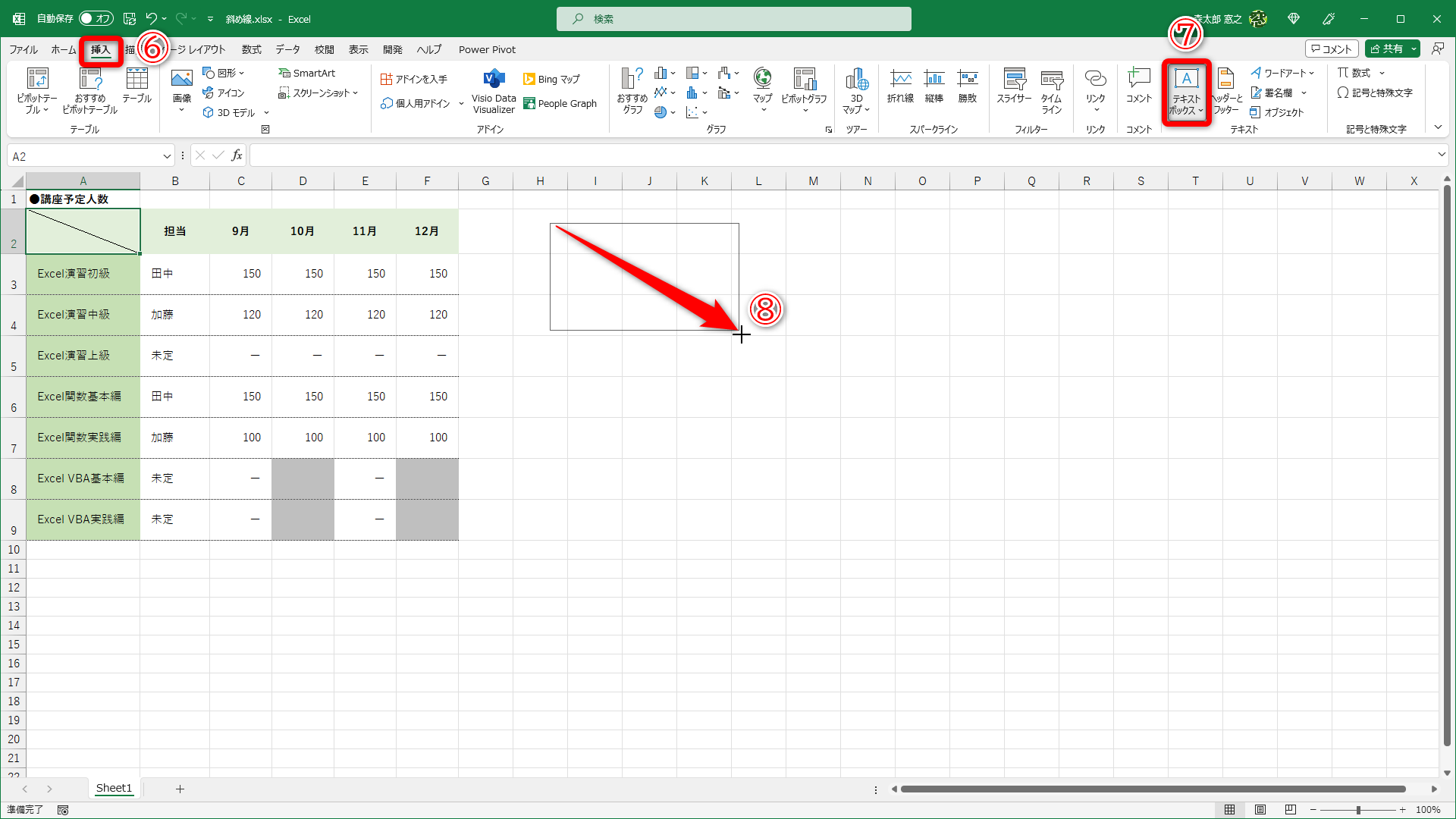 ［挿入］タブ（⑥）をクリックして、［テキストボックス］（⑦）をクリックします。マウスポインターの形が変わるので、適当な位置でドラッグします（⑧）